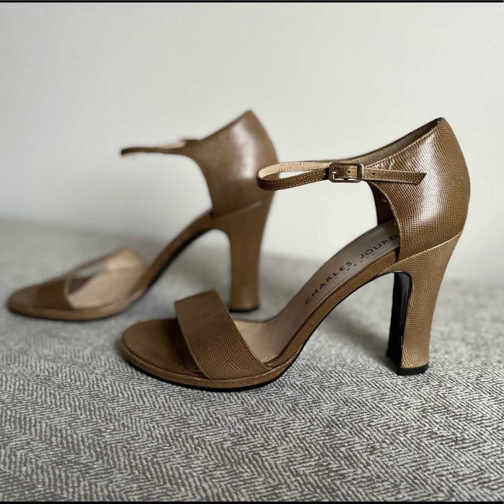 SEXY Vintage CHARLES JOURDAN of Paris Tan Lizard Print Open Toe Heels US Size 7